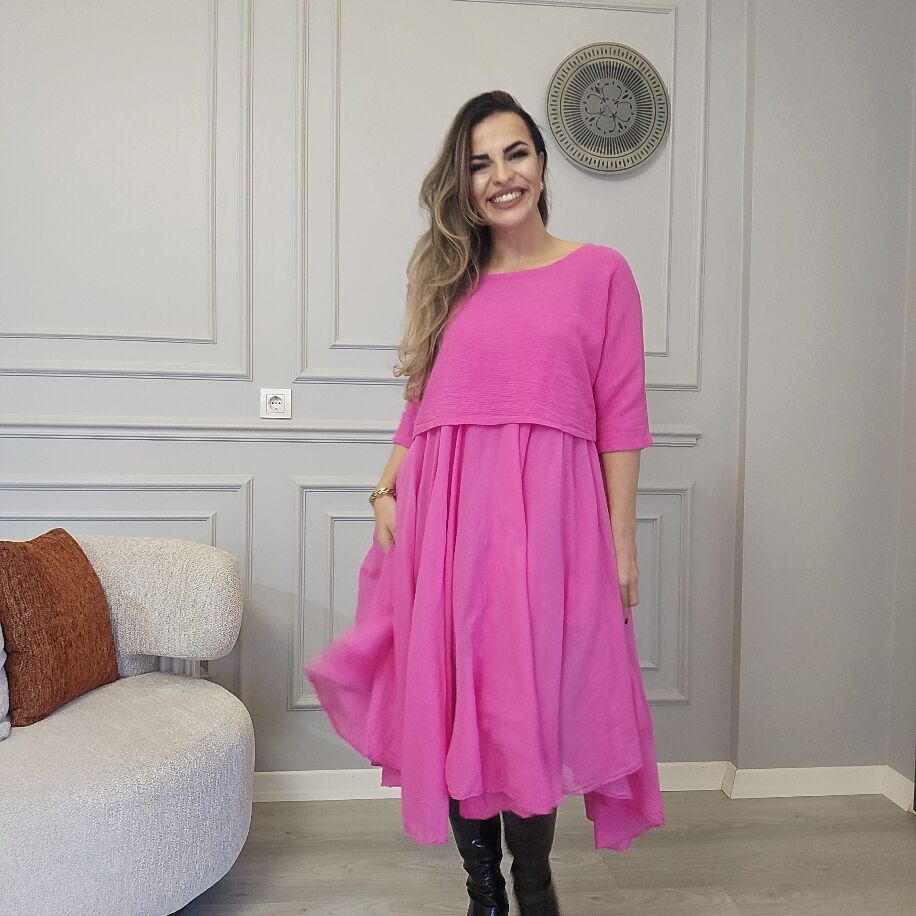 İtalyan 2li Keten Elbise Pembe