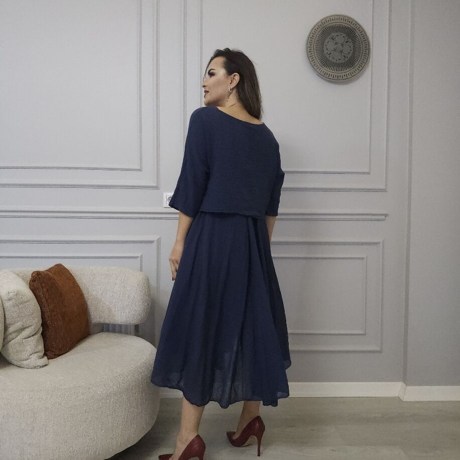 İtalyan 2li Keten Elbise Lacivert