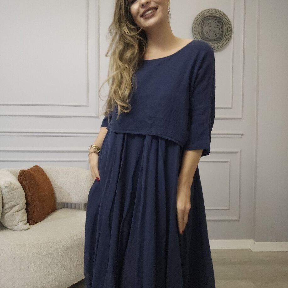 İtalyan 2li Keten Elbise Lacivert