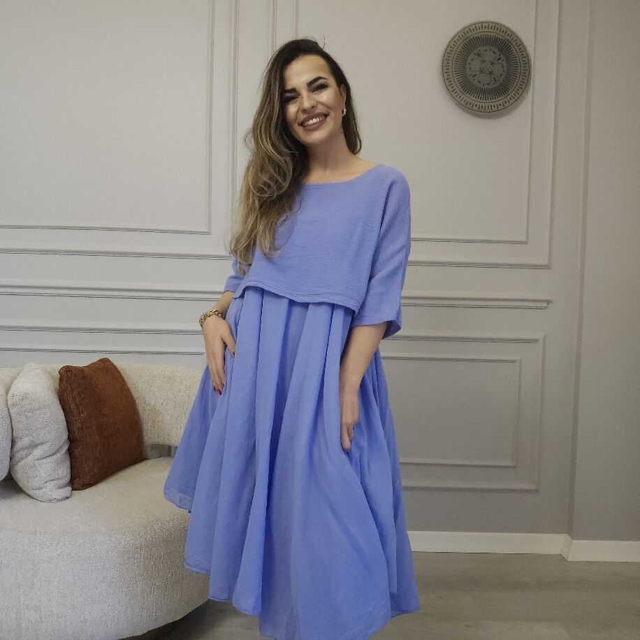 İtalyan 2li Keten Elbise Mavi