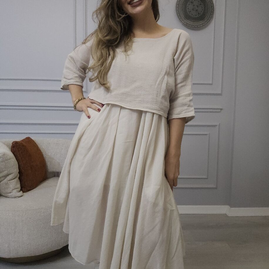 İtalyan 2li Keten Elbise Bej