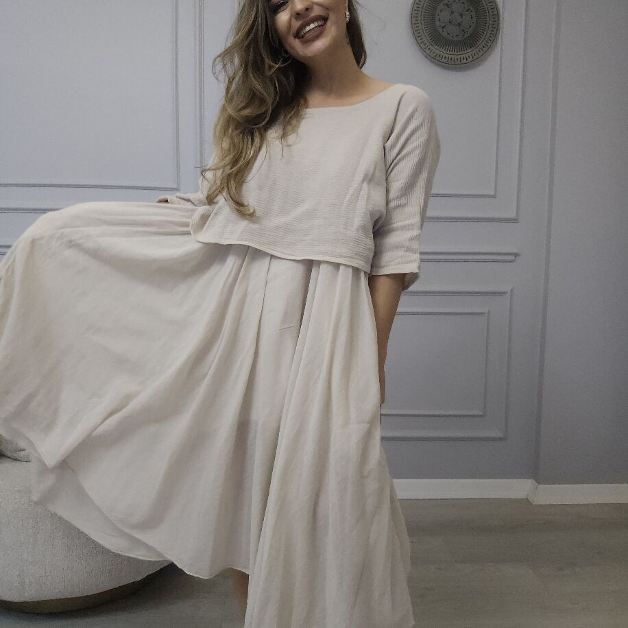 İtalyan 2li Keten Elbise Bej