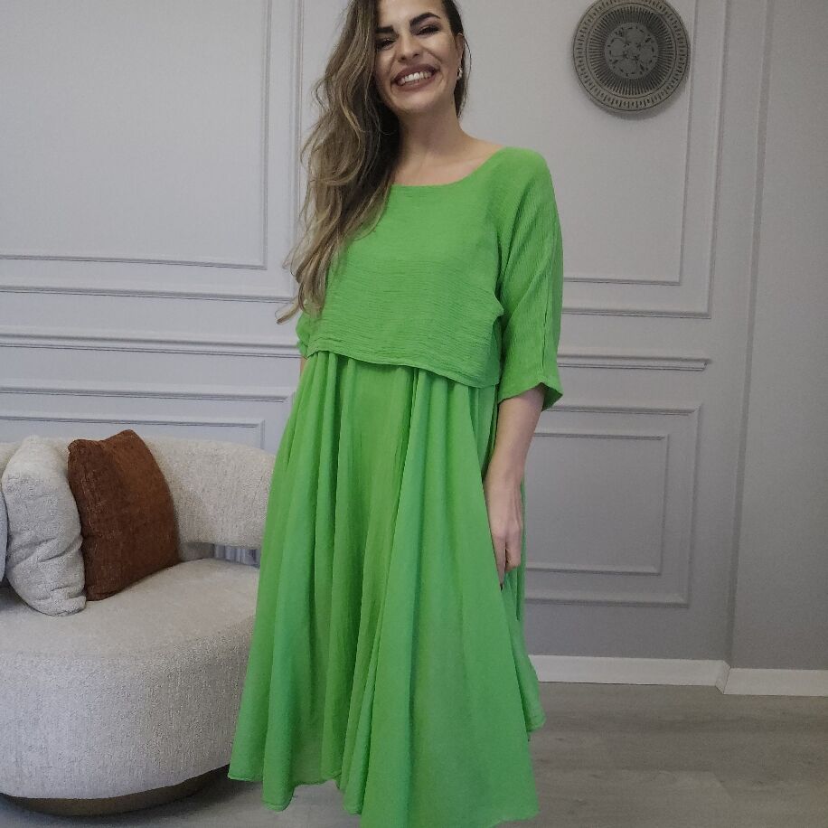 İtalyan 2li Keten Elbise Yeşil