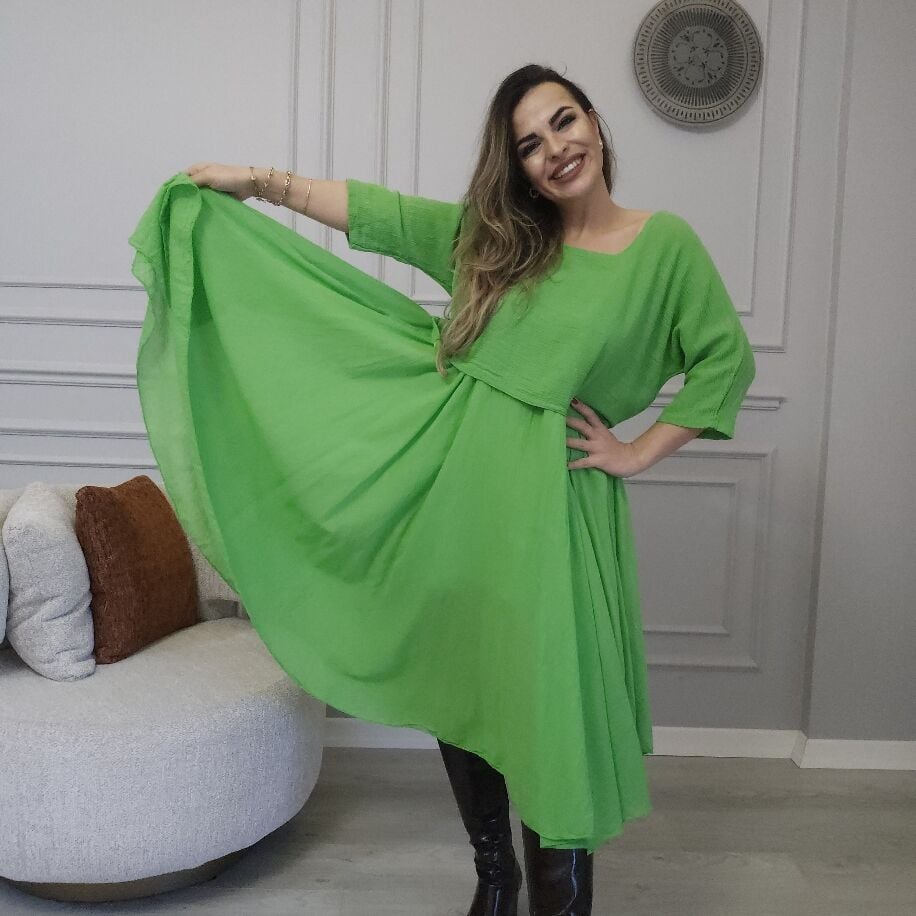 İtalyan 2li Keten Elbise Yeşil