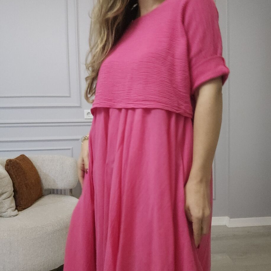 İtalyan 2li Keten Elbise K Pembe