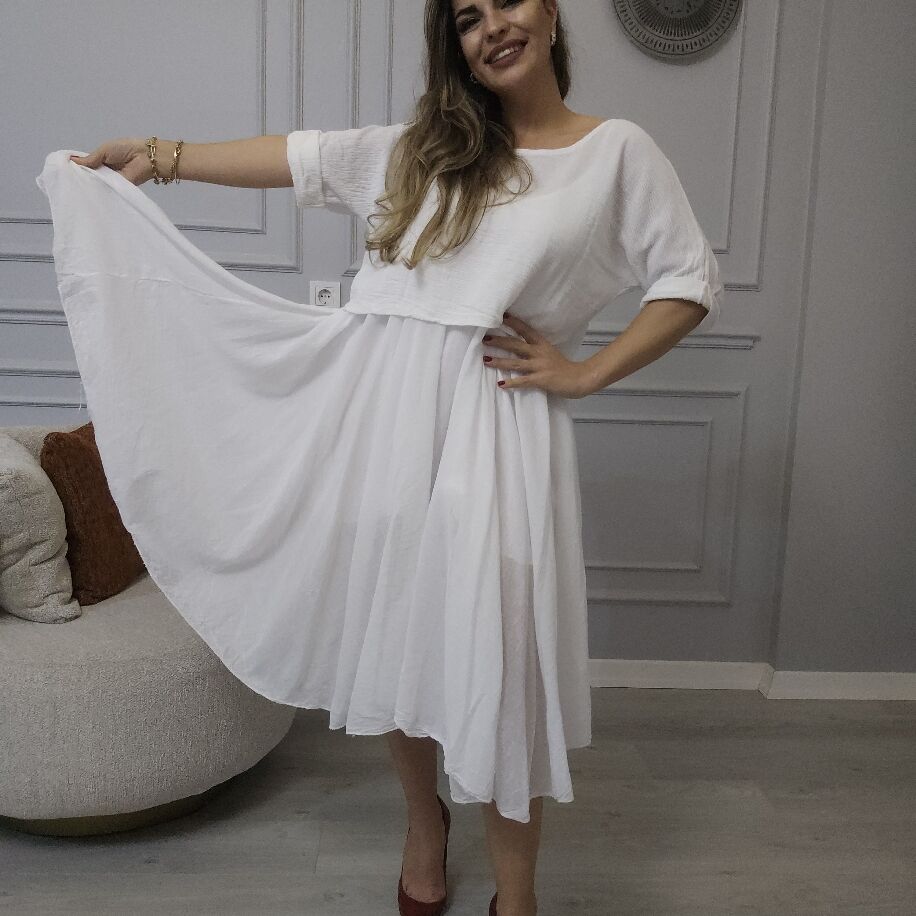 İtalyan 2li Keten Elbise Beyaz