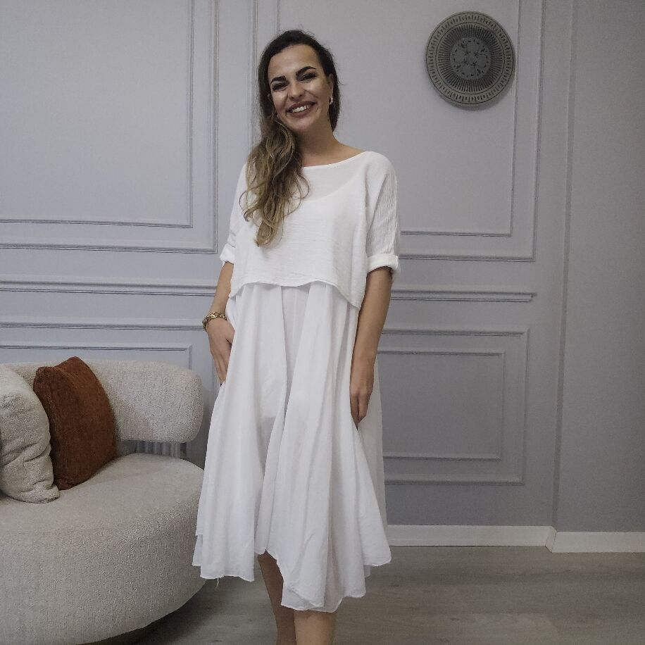 İtalyan 2li Keten Elbise Beyaz