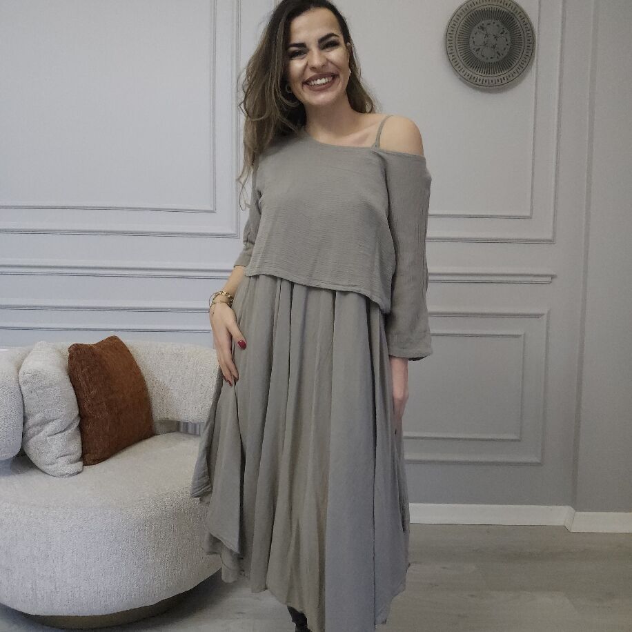 İtalyan 2li Keten Elbise Vizon