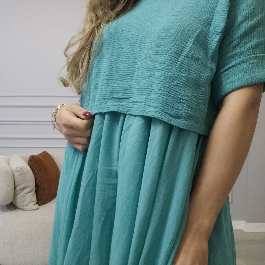 İtalyan 2li Keten Elbise Turkuaz