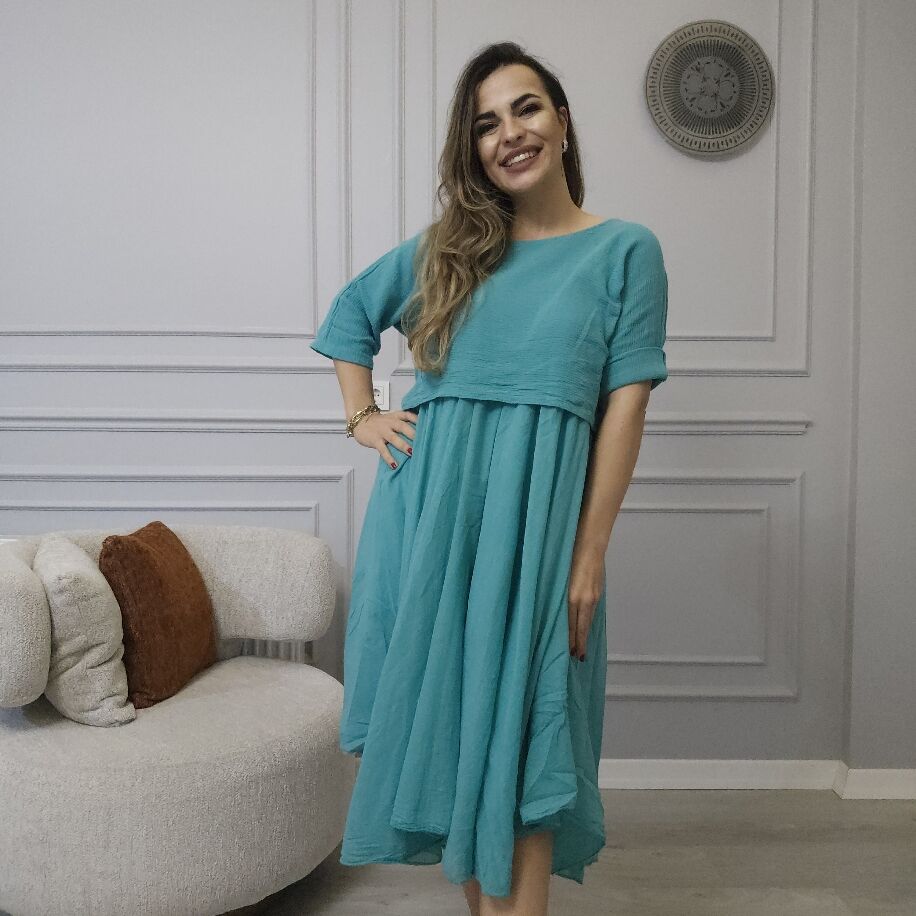 İtalyan 2li Keten Elbise Turkuaz