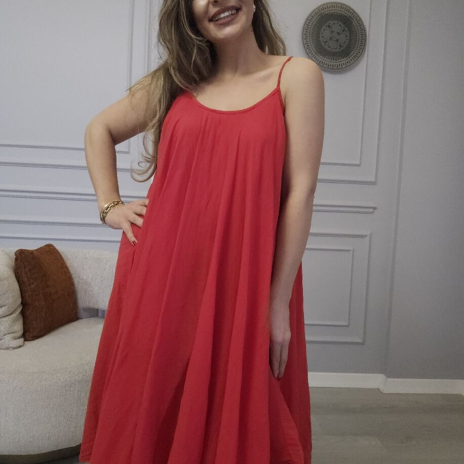 İtalyan 2li Keten Elbise Kırmızı