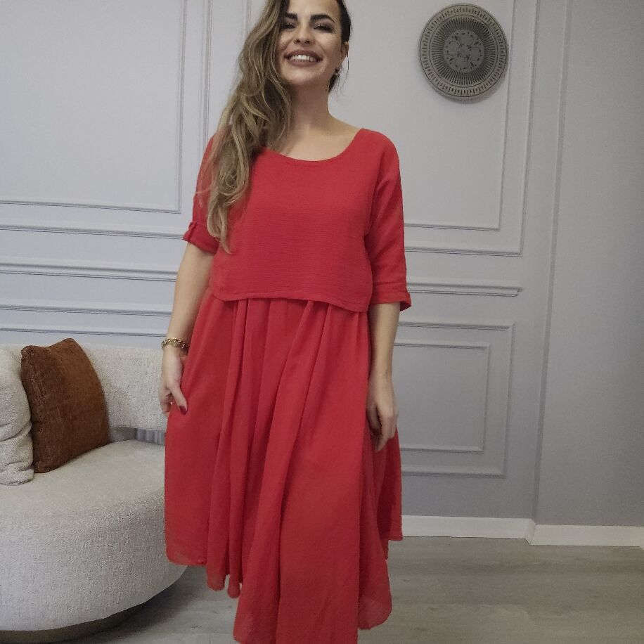 İtalyan 2li Keten Elbise Kırmızı