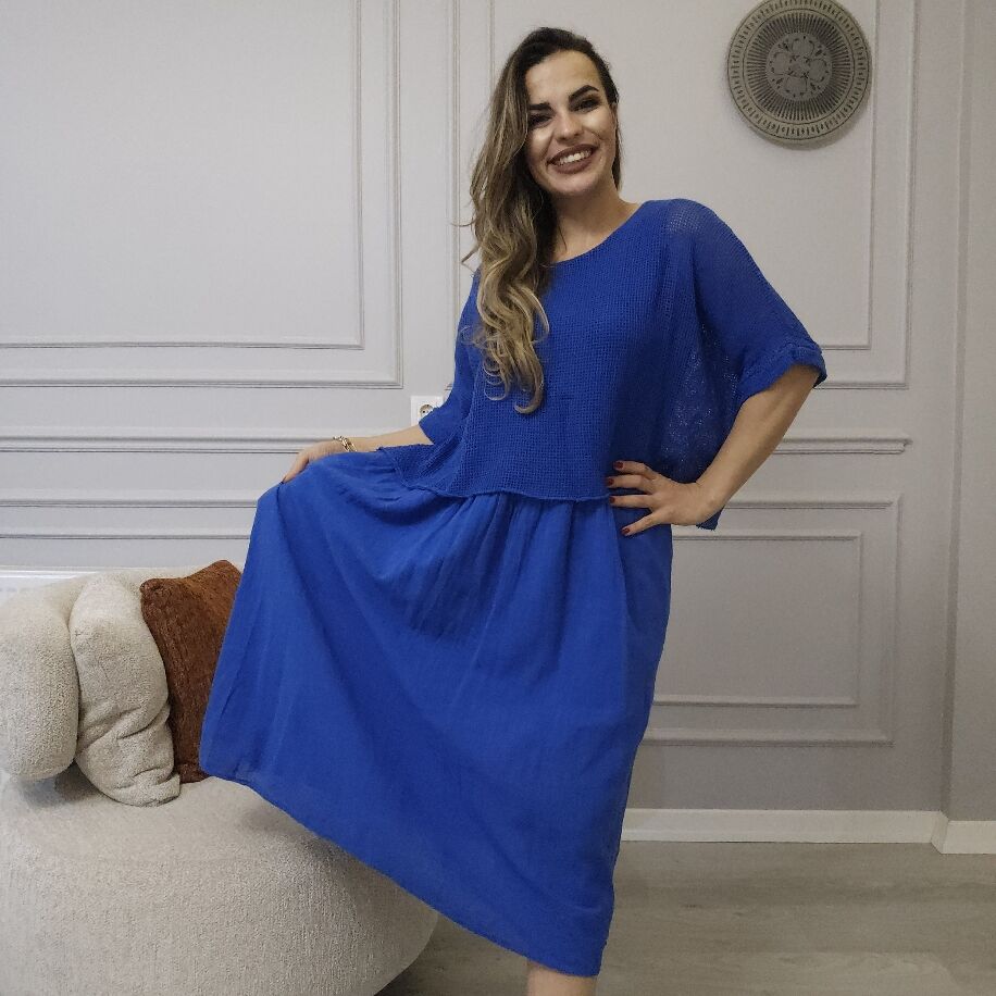 İtalyan File Keten Elbise Saks