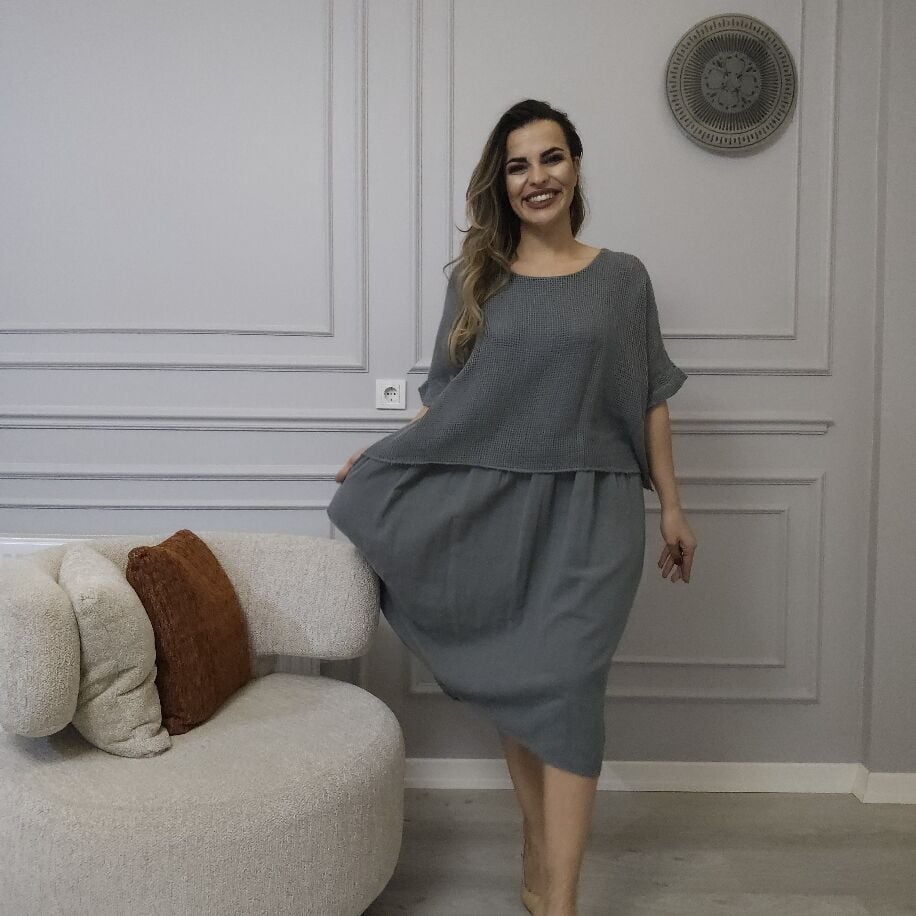 İtalyan File Keten Elbise Gri