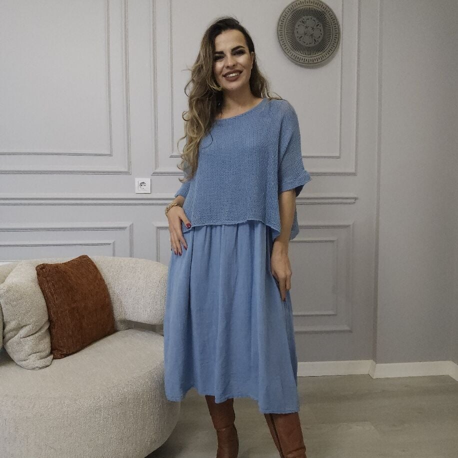 İtalyan File Keten Elbise Mavi