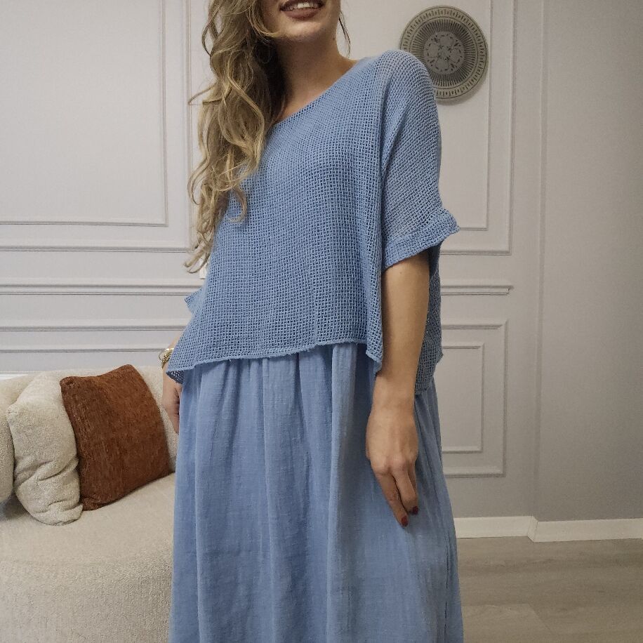 İtalyan File Keten Elbise Mavi