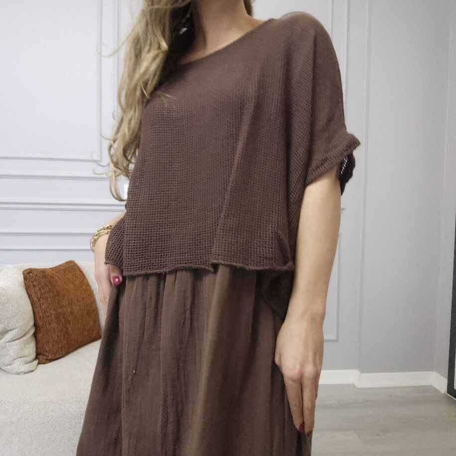 İtalyan File Keten Elbise Kahverengi