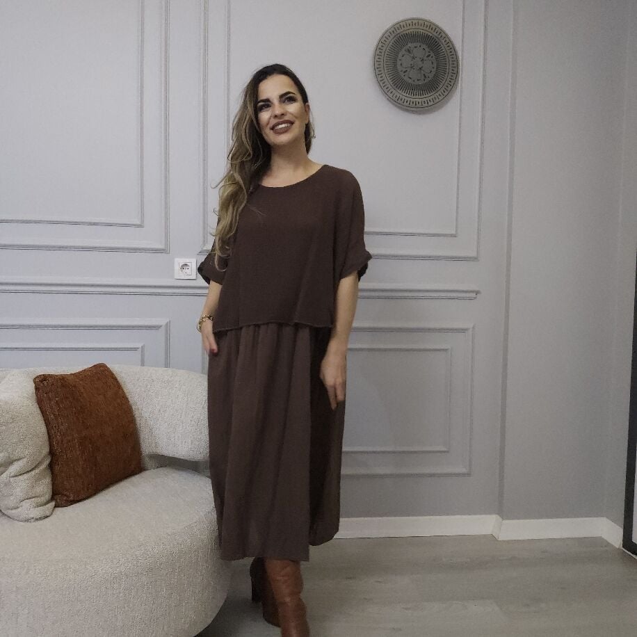 İtalyan File Keten Elbise Kahverengi
