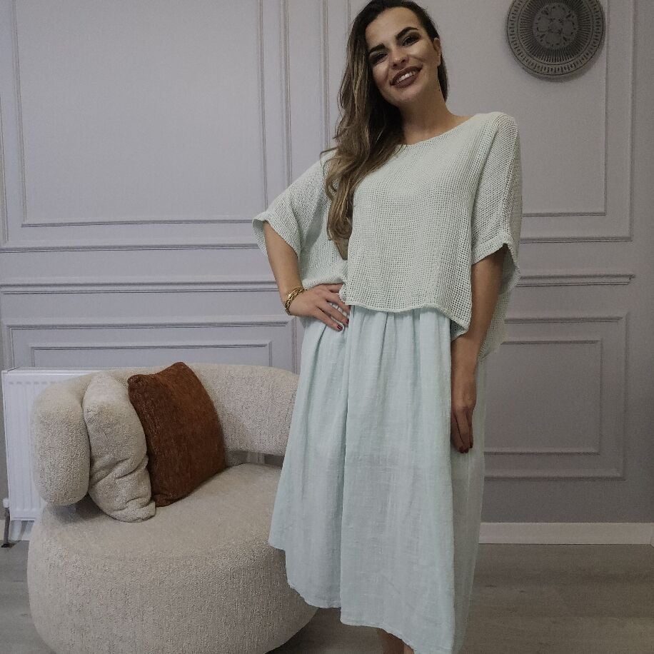 İtalyan File Keten Elbise Mint