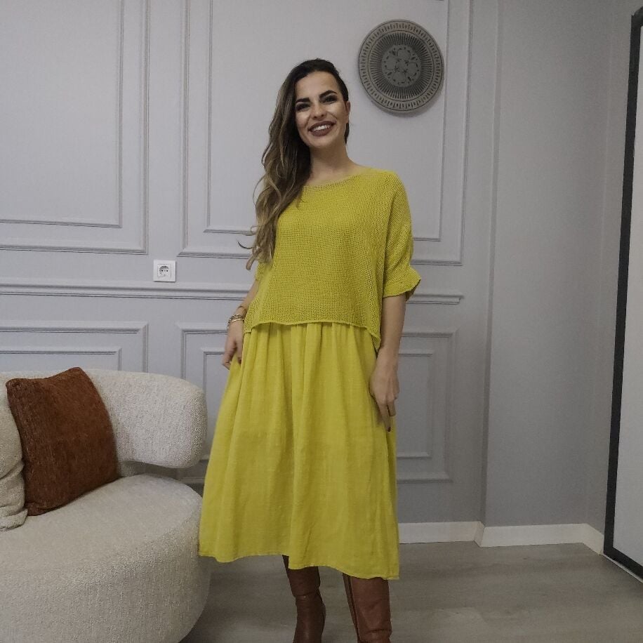 İtalyan File Keten Elbise Sarı