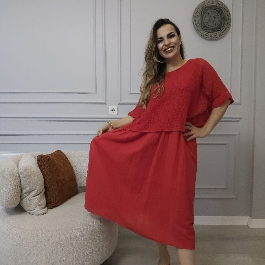 İtalyan File Keten Elbise Kırmızı