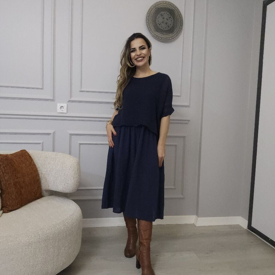 İtalyan File Keten Elbise Lacivert