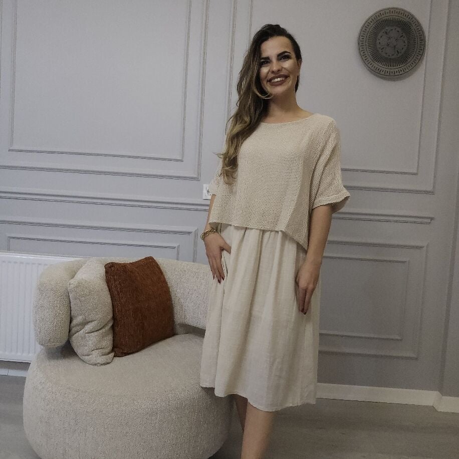 İtalyan File Keten Elbise Bej