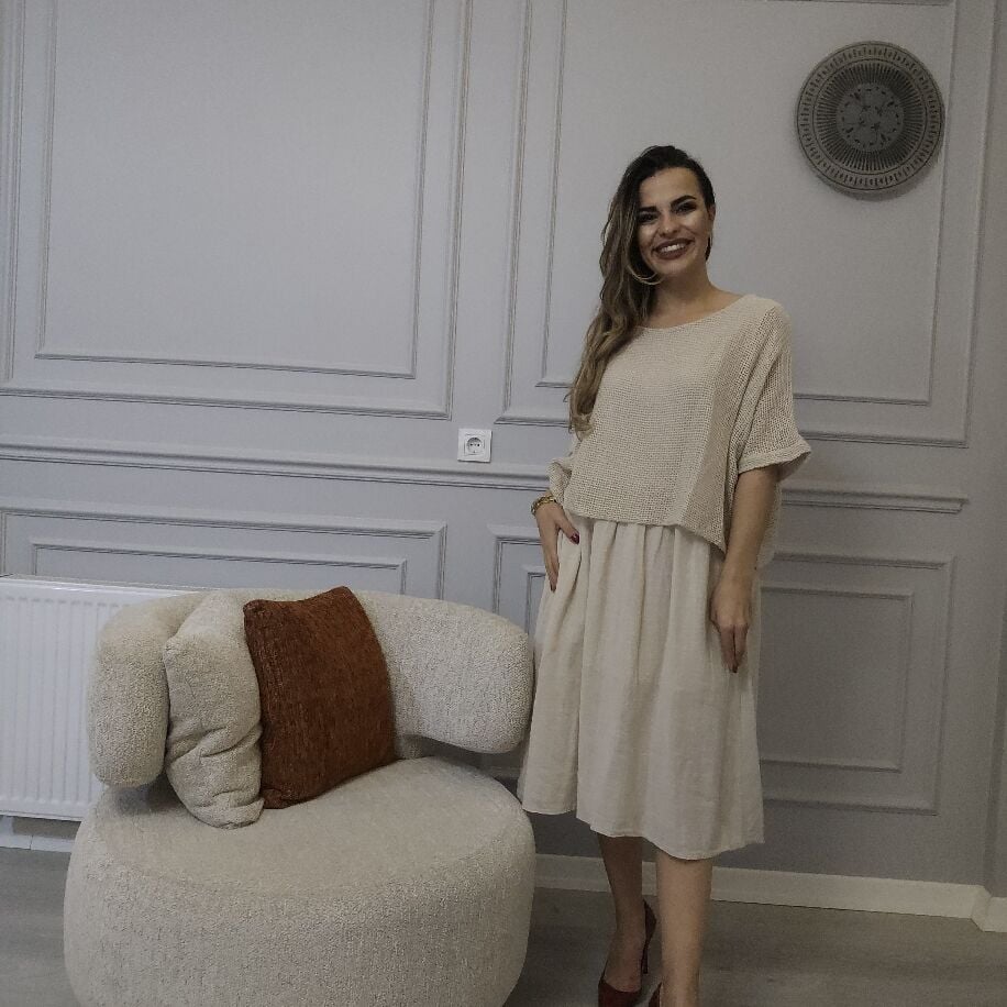 İtalyan File Keten Elbise Bej