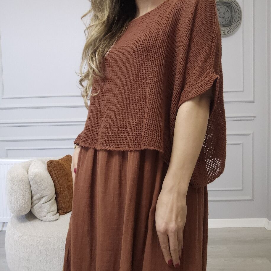 İtalyan File Keten Elbise Kiremit