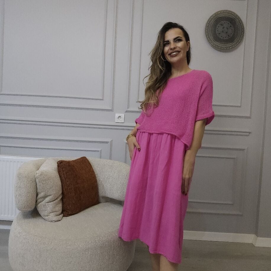 İtalyan File Keten Elbise Pembe