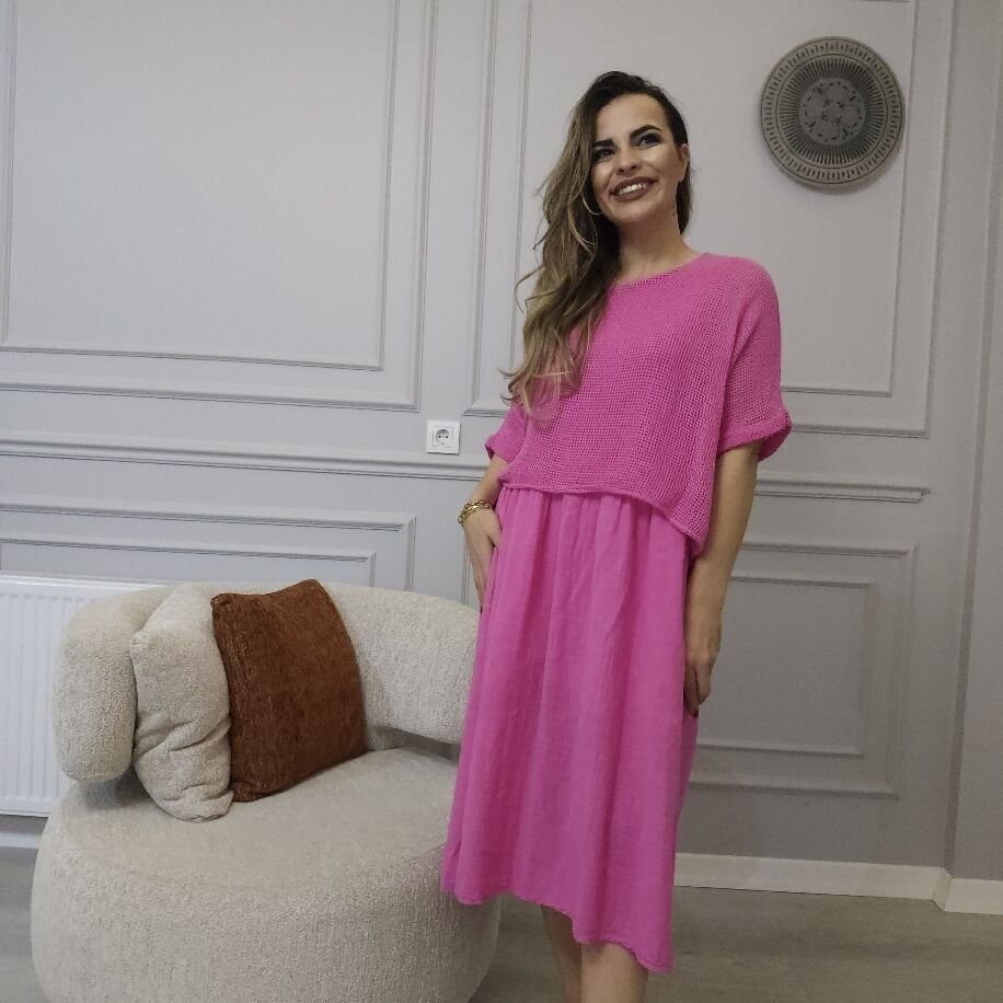 İtalyan File Keten Elbise Pembe