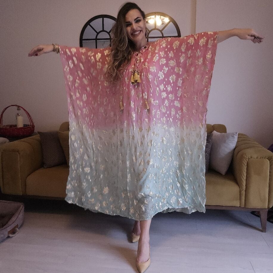 İthal Yaldızlı Panço Pembe Cam
