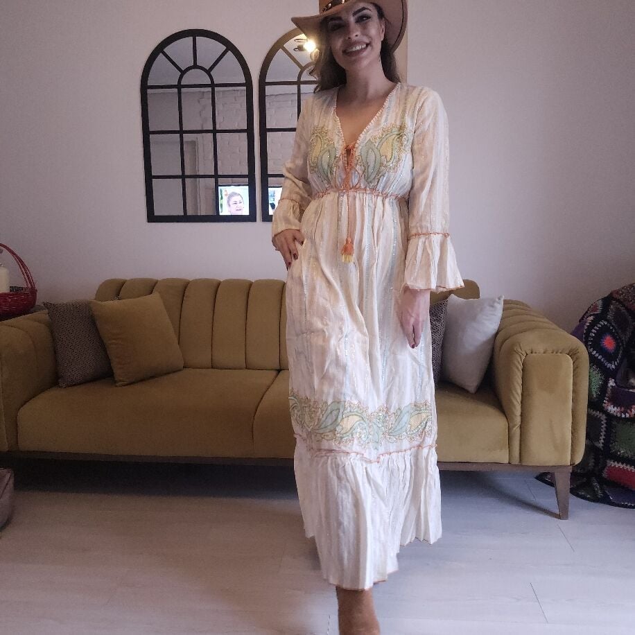 İthal Turuncu Detaylı Elbise