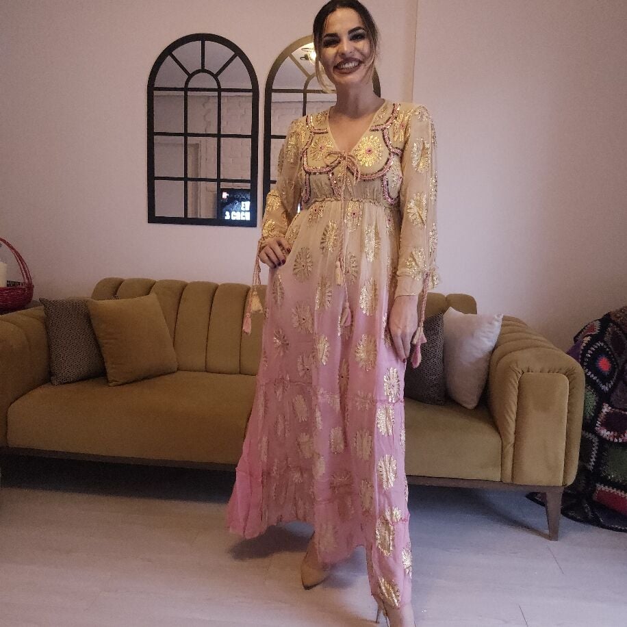 İthal Şifon Elbise Somon Pembe