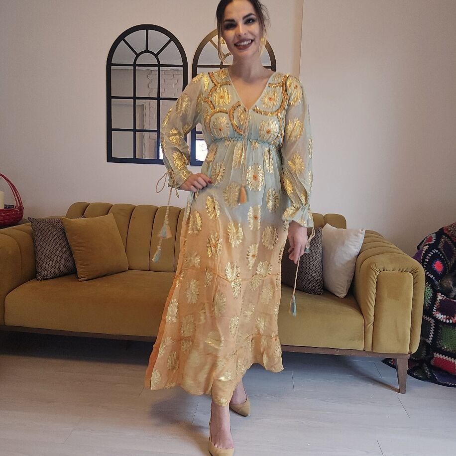 İthal Şifon Elbise Mint Turuncu