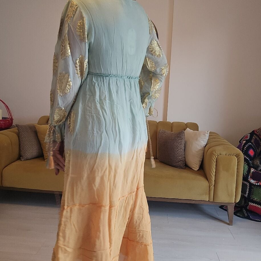 İthal Şifon Elbise Mint Turuncu