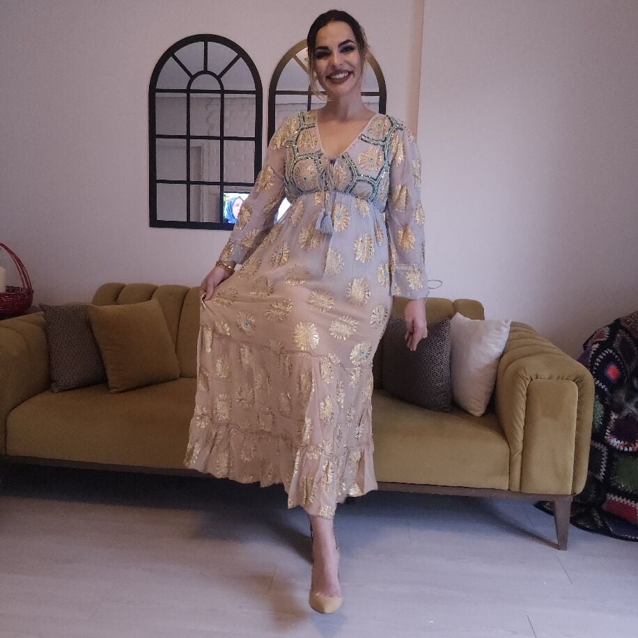 İthal Şifon Elbise Mevi Bej