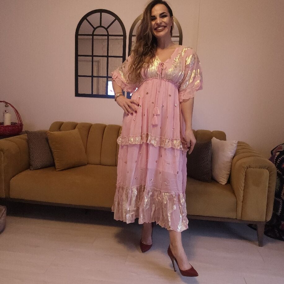 İthal Şifon Elbise Pembe