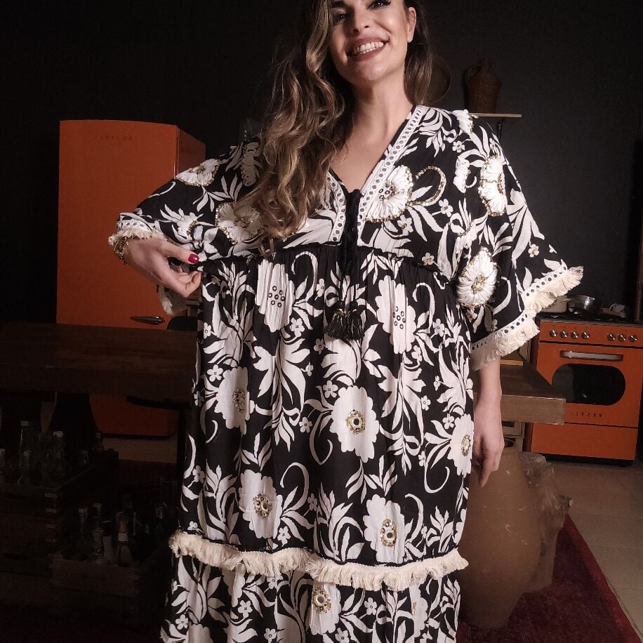 İthal 3D Boho Elbise Siyah