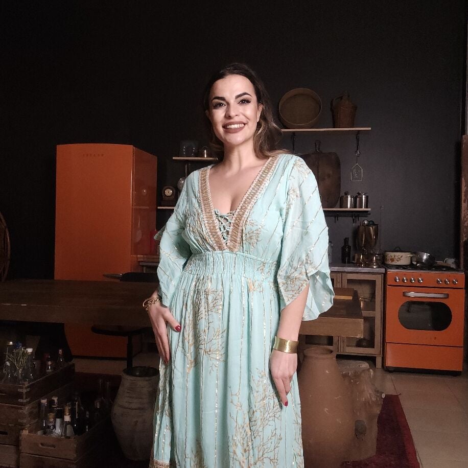 İthal Boho Turkuaz Elbise