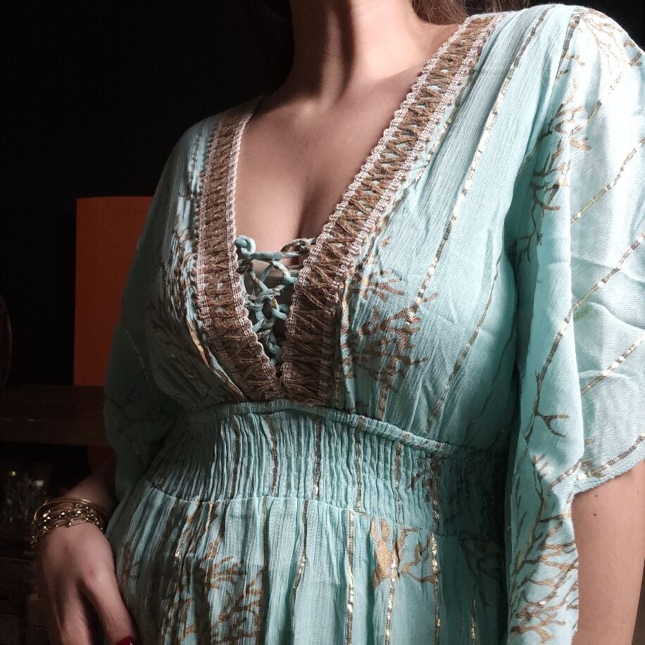 İthal Boho Turkuaz Elbise