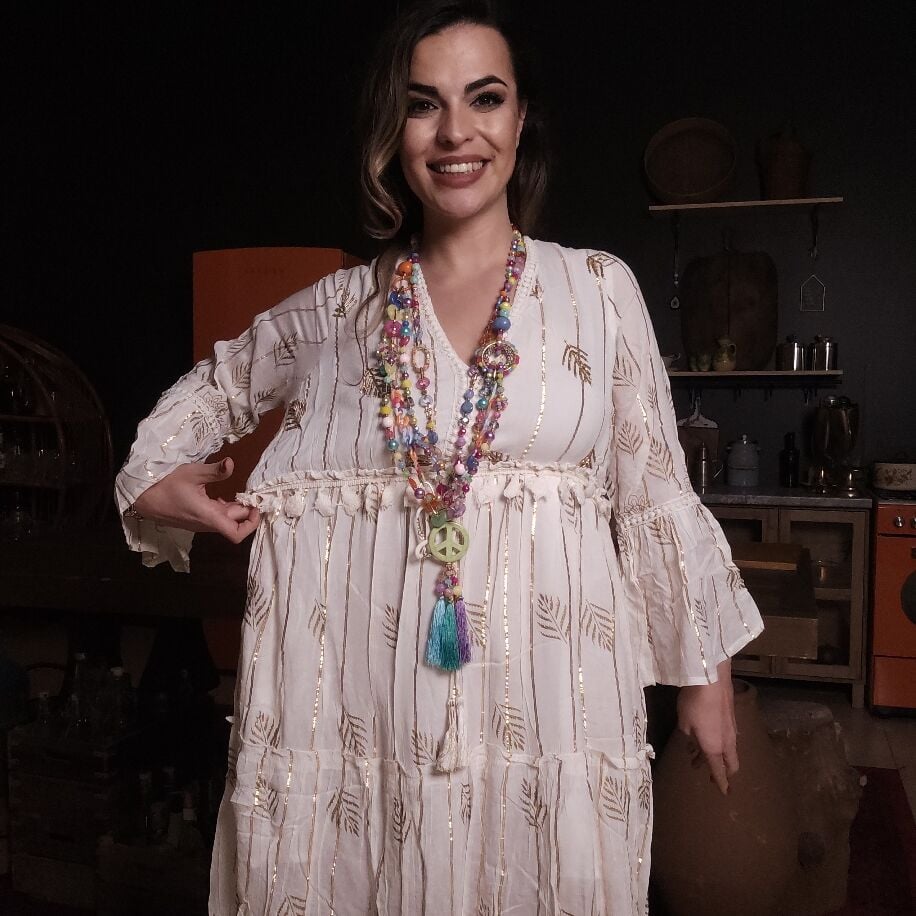 İthal Yaprak Boho Elbise Beyaz
