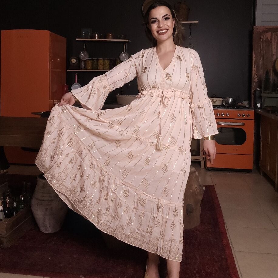 İthal Yaprak Boho Elbise Pembe