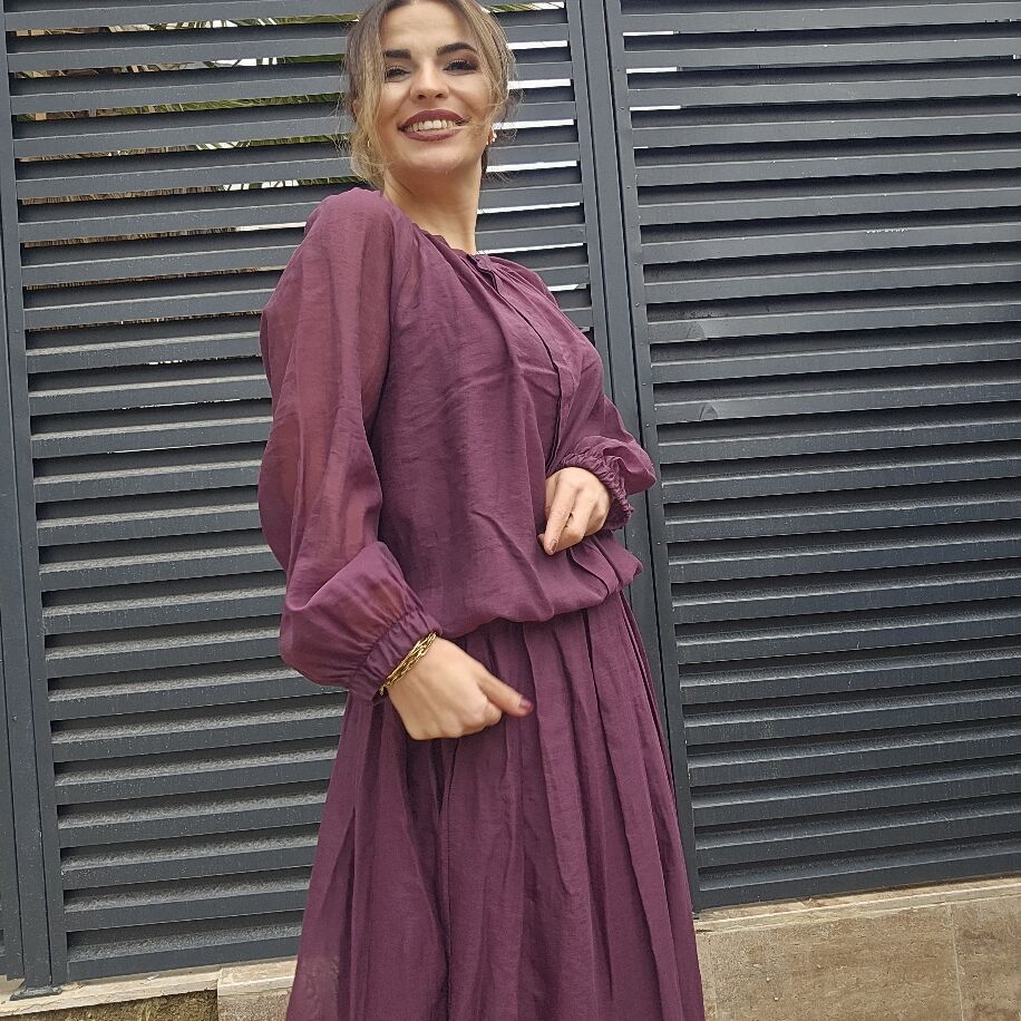 İtalyan Pileli İpek Takım Mürdüm