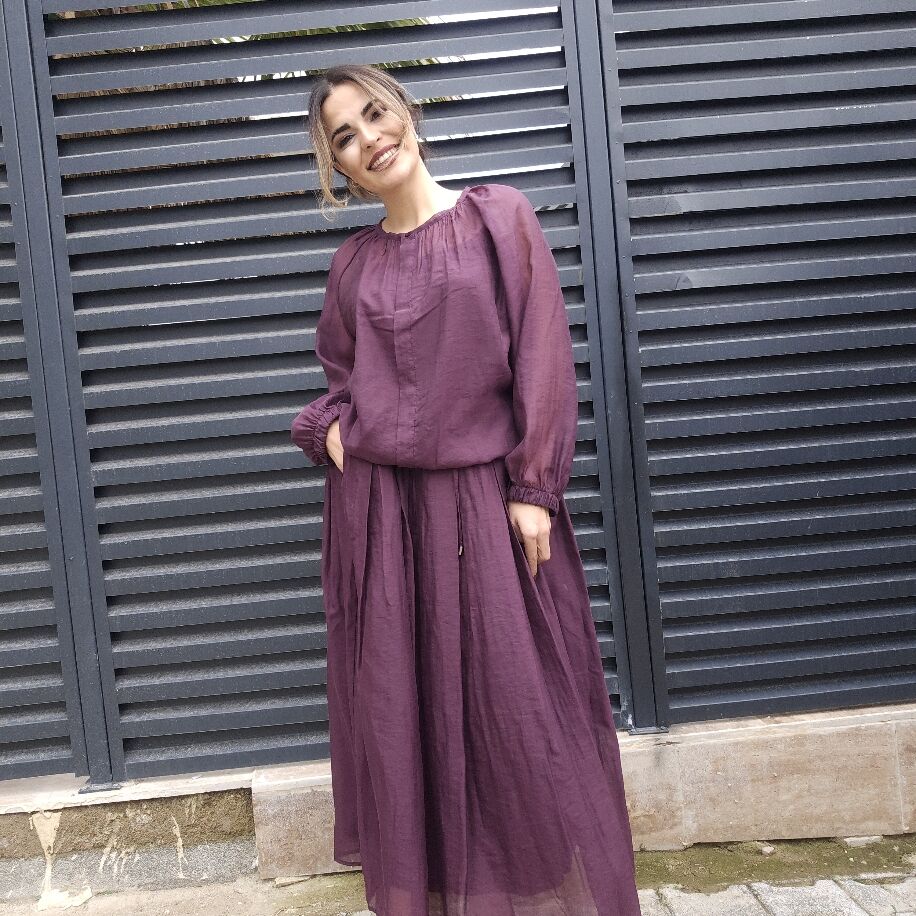 İtalyan Pileli İpek Takım Mürdüm