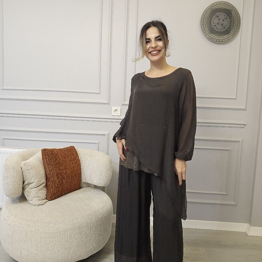 İtalyan Payetli İpek Takım Kahverengi