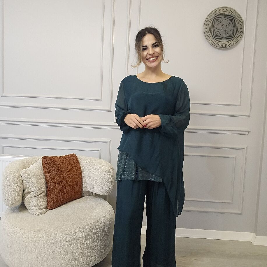 İtalyan Payetli İpek Takım K. Yeşil