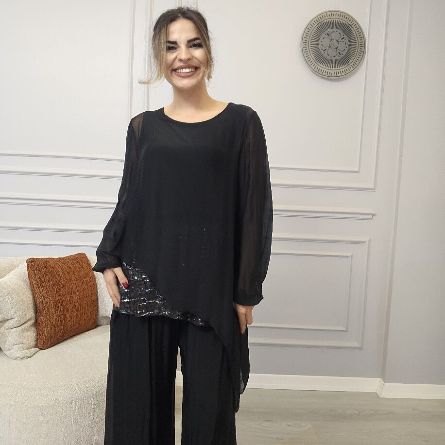 İtalyan Payetli İpek Takım Siyah
