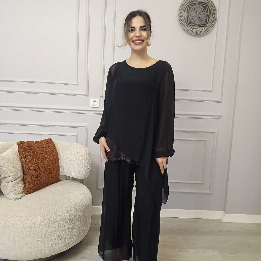 İtalyan Payetli İpek Takım Siyah