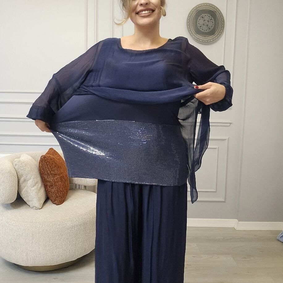 İtalyan Payetli İpek Takım Lacivert